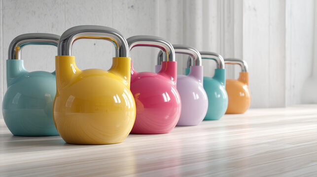 Colorful kettlebells arranged in a modern gym for fitness training