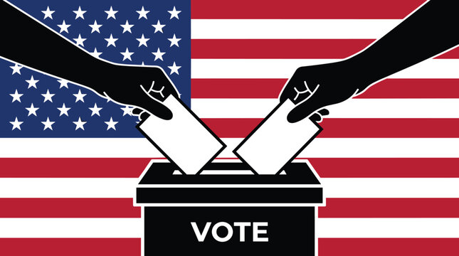 American election voting concept vector, hands putting ballots into ballot box, United States flag background for presidential elections