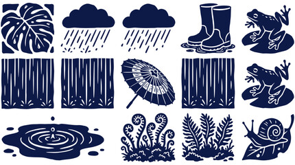 Collection of various summer and rainy day icons including nature elements and outdoor accessories © Pronob Kumar Ray
