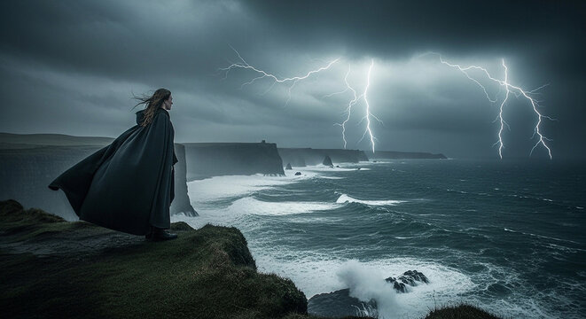 A lone figure in a dark cloak stands on a cliff edge overlooking a stormy, turbulent ocean with lightning strikes in the distance under a dramatic, moody sky