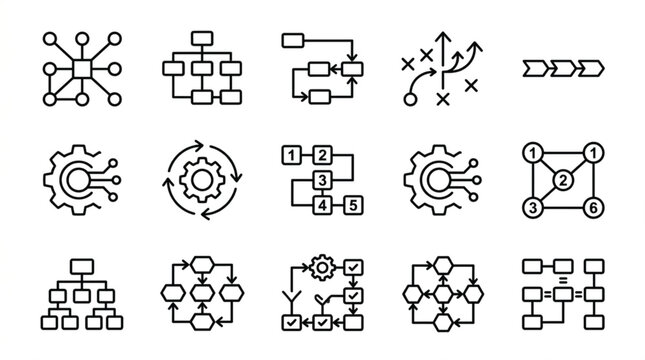 Workflow icons vector set with business process flowchart management corporate hierarchy automation gear and data schematic linear symbols