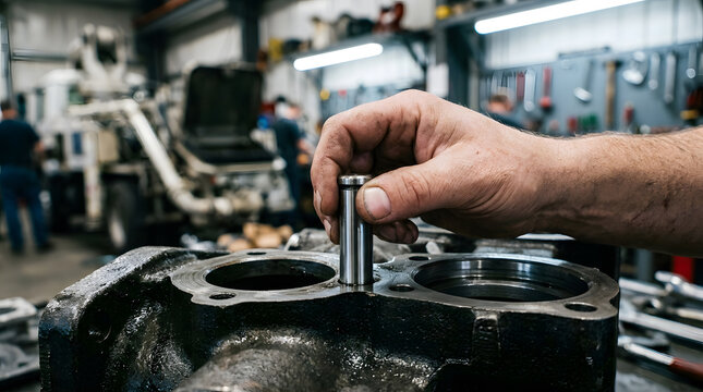 Mechanic assembling engine components in workshop | Close up of hand inserting metal dowel pin | Industrial machinery repair and maintenance | Professional engine rebuilding service