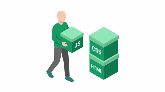 Web development concept with person carrying JavaScript box and stacked HTML, CSS boxes