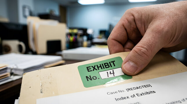 Legal exhibit sticker on case file | Lawyer preparing evidence for court | Litigation documentation and legal filing | Hand labeling evidence folder