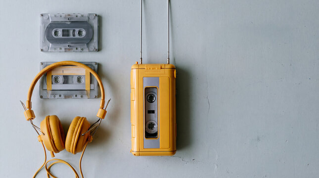 Retro yellow cassette player, headphones, and audio tapes on a grey background with copy space