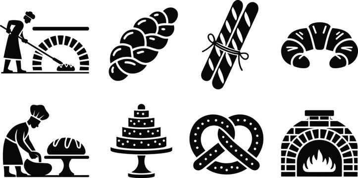 Baking silhouette vector set with bread, croissant, baguette, pretzel, cake, oven, and dough preparation scenes