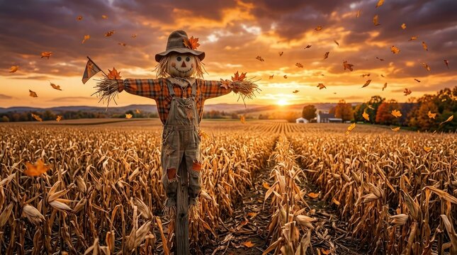 Friendly scarecrow standing amidst golden cornfield during vibrant sunset with falling autumn leaves and warm atmospheric lighting in a rural farm landscape setting