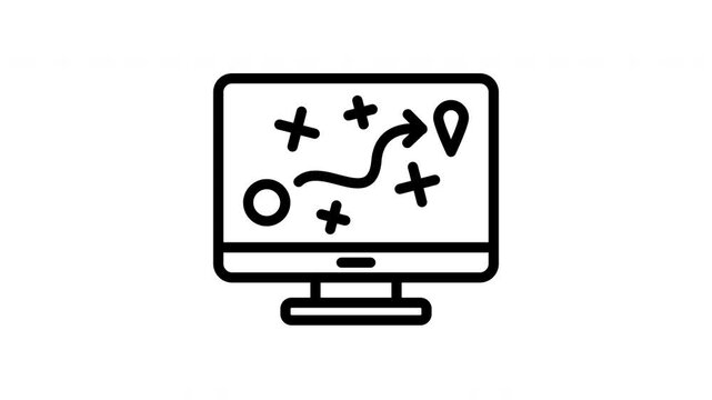 Desktop computer screen strategy game plan line art animation for business roadmap and website design