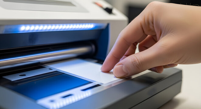 Office ID card laminating machine | Printing employee identification badges | Automated card laminating process | Close up of security badge printer