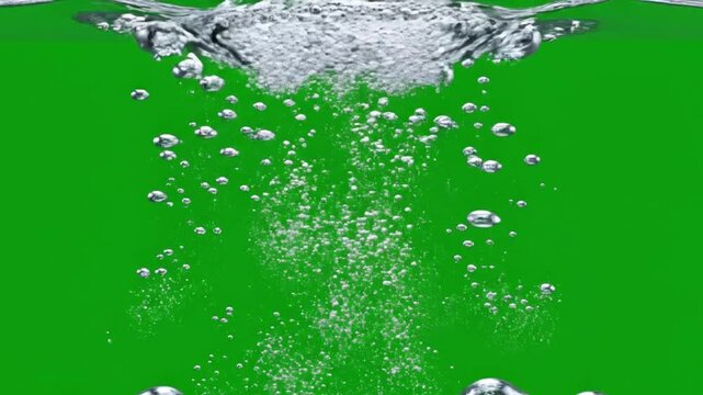 Intense fizzy water bubbles exploding upwards on green screen chroma key, fast moving oxygen gas bubbles under clear liquid animation background, rapid soda fizzing effect for water asset overlay.