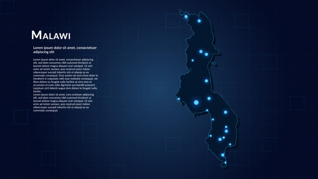 Map of Malawi. Neon lights on dark background highlighting the major cities.