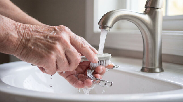 A senior person washing a partial denture in a sink with a toothbrush and running water