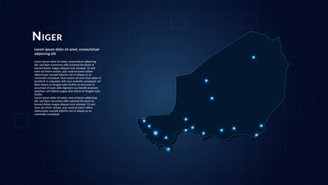 Map of Niger. Neon lights on dark background highlighting the major cities.