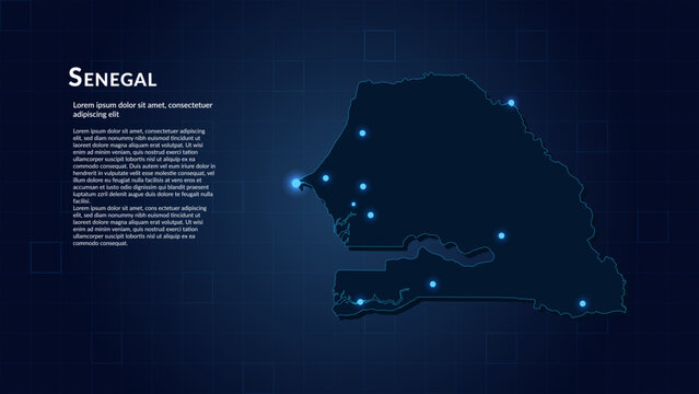 Map of Senegal. Neon lights on dark background highlighting the major cities.