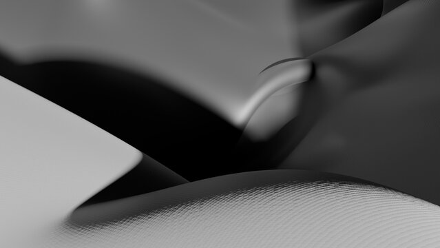 Moody 3D macro rendering of an abstract black and white wave texture, showcasing a high-contrast transition from a glossy carbon fiber micro-pattern surface