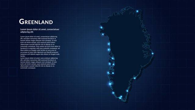 Map of Greenland. Neon lights on dark background highlighting the major cities.
