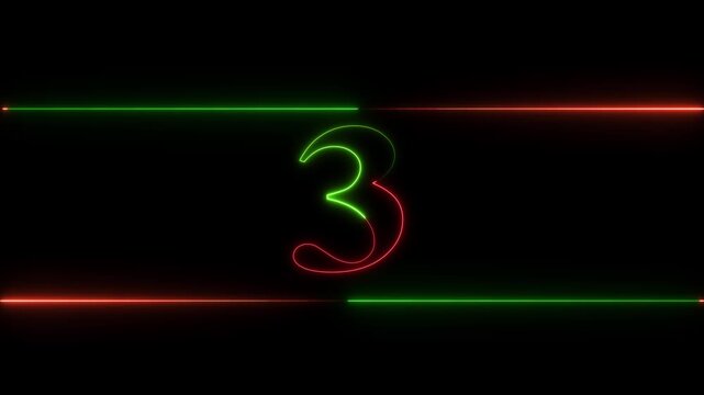 Neon Number Three Countdown Animation with Red and Green Light Lines on Black Background. Neon glowing text number 3 icon and neon glowing Red And Green number text sign icon animation.