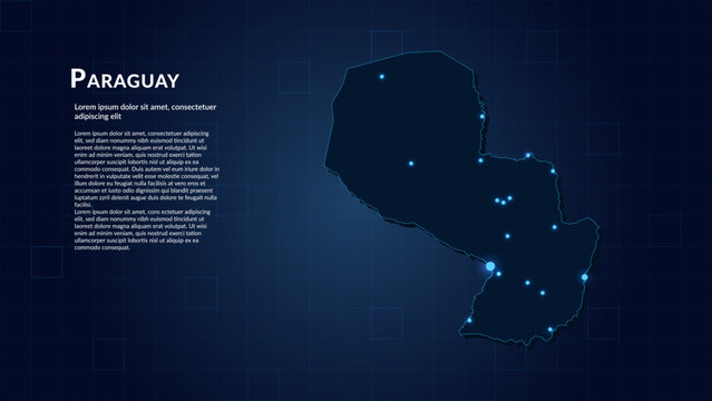 Map of Paraguay. Neon lights on dark background highlighting the major cities.