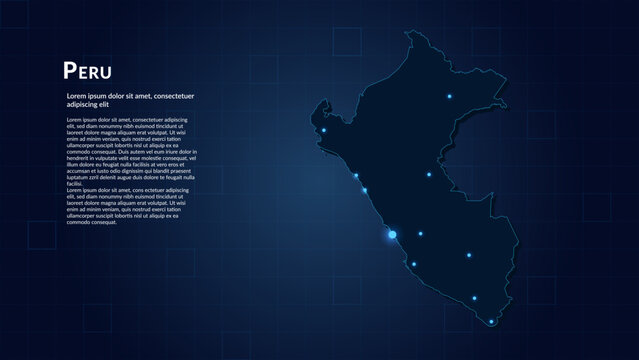 Map of Peru. Neon lights on dark background highlighting the major cities.