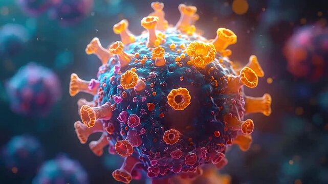 A detailed microscopic view of a spherical biological pathogen floating in dark space