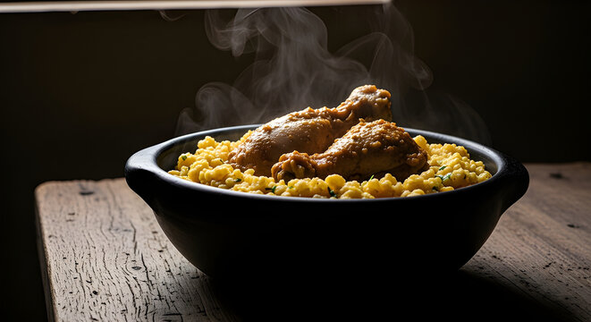 Steaming Cuscuz Nordestino with Chicken in Clay Pot on Rustic Wooden Table