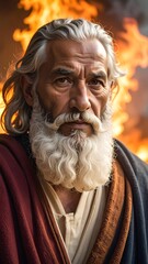 Fototapeta premium A digital portrait of an elderly man with a long white beard and hair, wearing a red and blue robe, standing in front of a fiery background