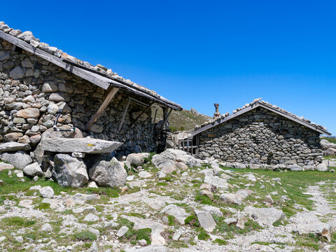 Traditional Corsican stone shepherd huts bergerie at Val d'Ese plateau Corsica