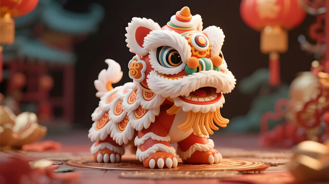 Colorful traditional Chinese lion dance figure with red white orange patterns on festive background
