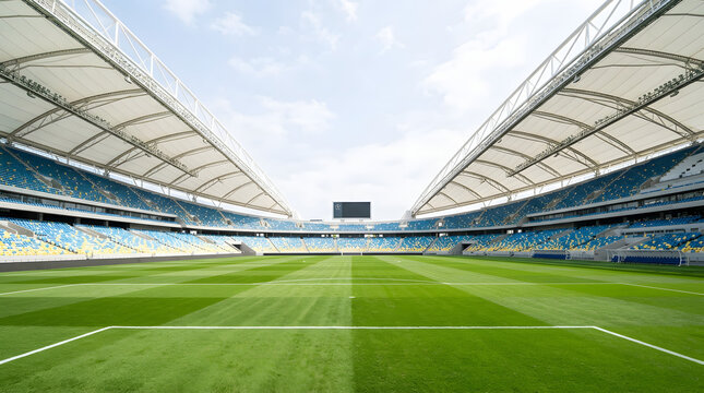 Empty football stadium with green field and modern roof