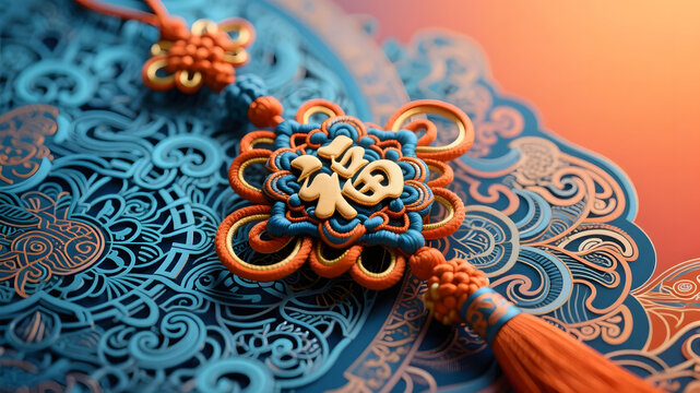 Chinese knot with gold 'Fu' character on blue ornate background