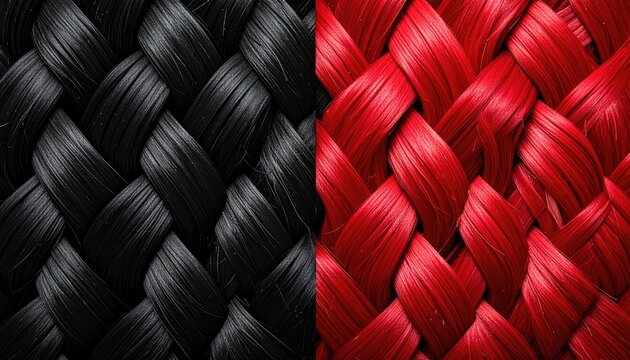 A close-up split image showcases braided black and vibrant red fiber textures