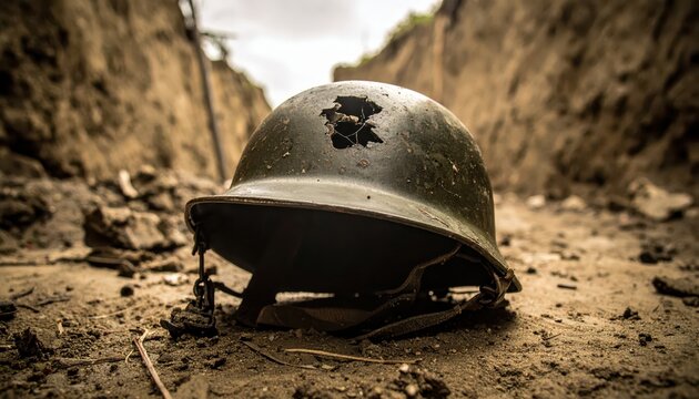 Discarded military helmet with a prominent bullet hole and cracked visor, resting in a dusty trench battlefield