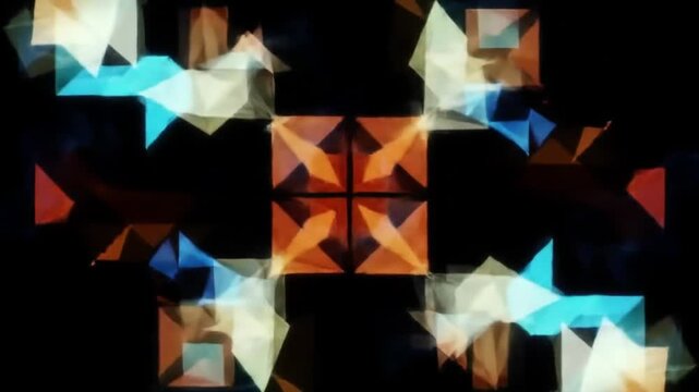 Abstract geometric pattern of blue and orange translucent triangles.