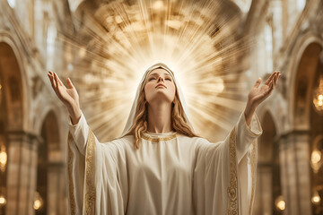 Obraz premium Woman in White Robe Praying with Raised Hands and Divine Light in Cathedral