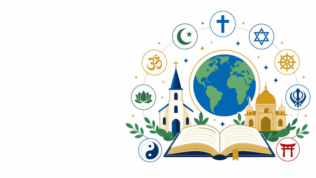Global Religions and Spirituality: An open book represents universal wisdom surrounded by symbols of various global religions and iconic houses of worship, all orbiting a depiction of Earth.