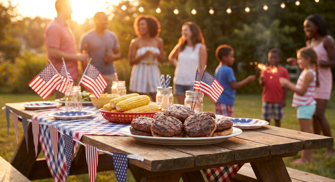 A festive outdoor Fourth of July celebration featuring grilled burgers and corn on a picnic table decorated with US flags. Diverse friends and family enjoy the sunset in the blurred background.