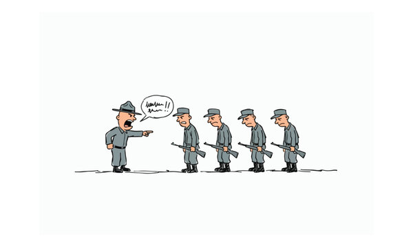 Drill sergeant shouting at army recruits in line cartoon