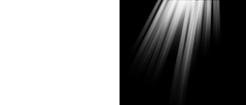 Dramatic sun rays on black background, ethereal light beams overlay, cinematic white spotlight effect for photo editing and compositing