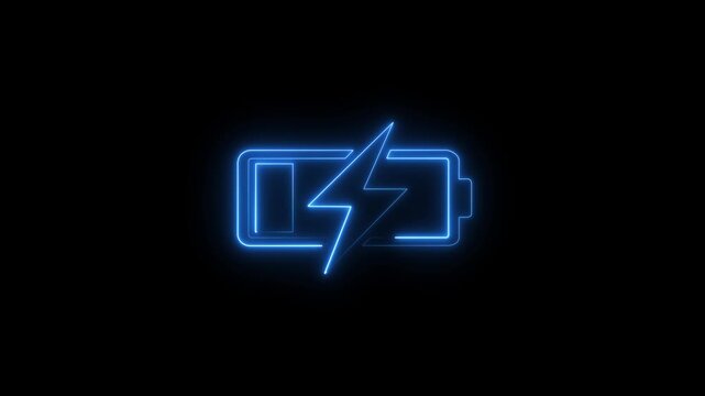 Neon battery icon on black background. Battery Status Sign with black background. Neon mobile charging icon. 4k