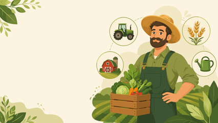 Farmer's Bounty: A smiling farmer wearing a straw hat and overalls, holding a wooden crate full of fresh vegetables, stands in a field surrounded by icons representing agriculture. © Ahmed