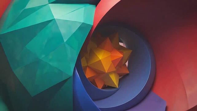 A vibrant abstract flower shape with colorful geometric petals and soft lighting