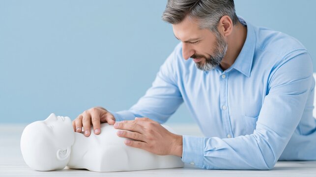 Man performing rescue breathing technique on cpr manikin