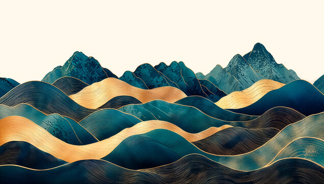 Japanese Abstract Art with Pink Beige Wave Hills and Distant Blue Mountain Silhouettes and Gold Accent Lines on Cream Background