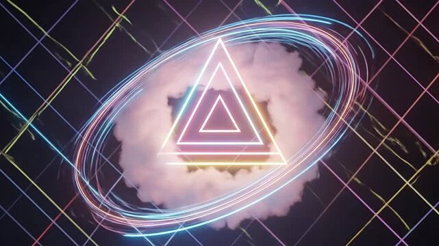 A glowing neon triangle floats above a dark grid background with light rings