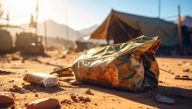 Discarded military ration packs and debris scattered across a sun-drenched, arid campsite with tents in the background.