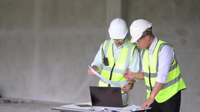 Three professional Asian male engineers and architects collaborate on a construction site, reviewing building blueprints and discussing structural planning for an upcoming commercial real estate proje
