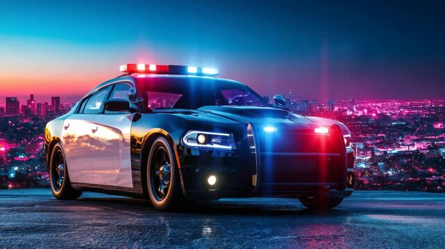 Modern police cruiser with flashing lights parked against neon city skyline background at sunset, ideal for cinematic law enforcement and security concepts