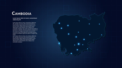Obraz premium Map of Cambodia. Neon lights on dark background highlighting the major cities.