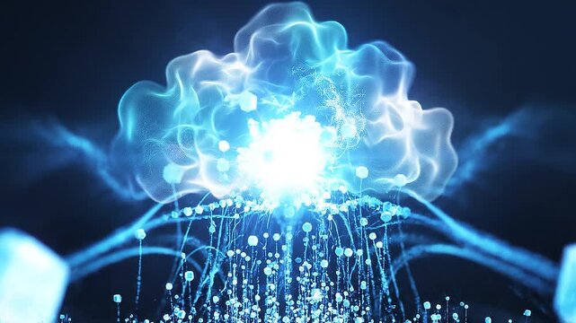 Abstract visualization of data packets rising upward into a glowing cloud structure, dark background