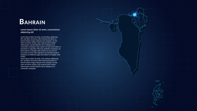Map of Bahrain. Neon lights on dark background highlighting the major cities.